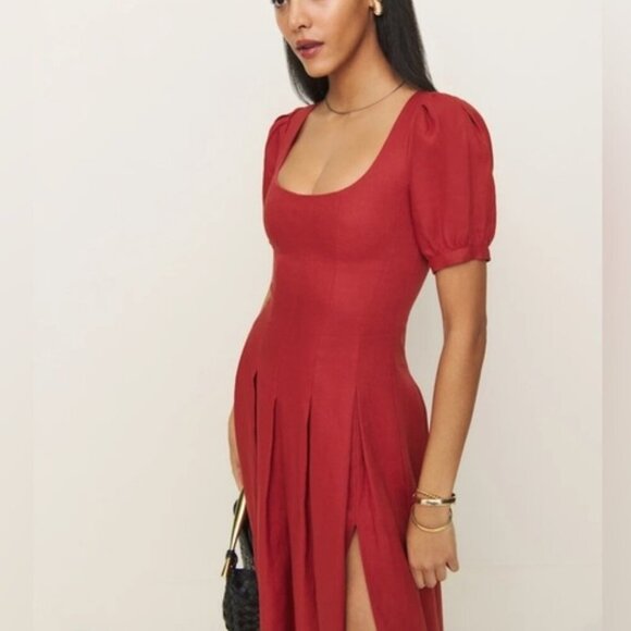 NEW Reformation Coucou Midi Linen Dress Sundried Tomato Red | US 2 UK 6 - Picture 4 of 15